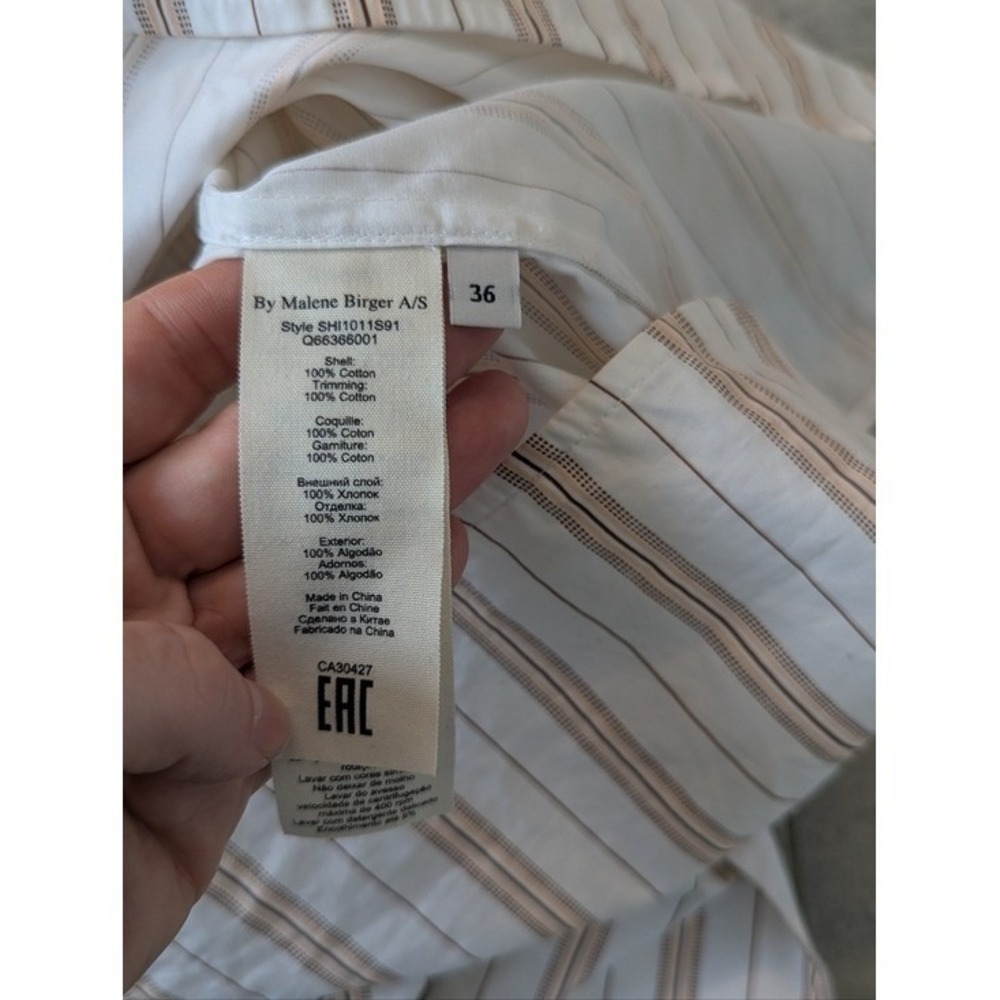 By Malene Birger Striped Ruched Sleeve Cotton Tunic Blouse White Tan Small 36 - Picture 5 of 13